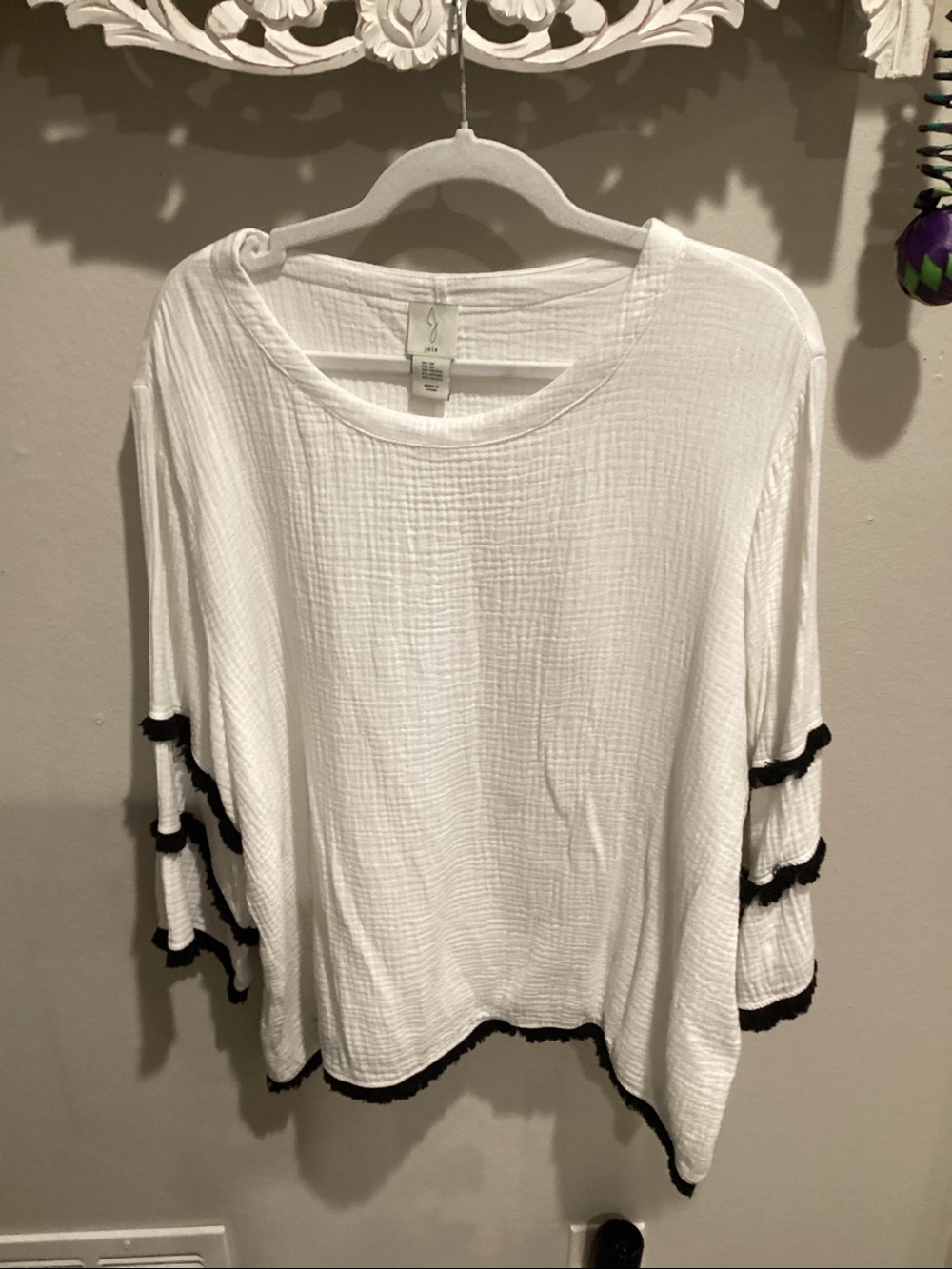 EUC - Joie White Gauze Black Fringe Tiered Layered top - Size 1X!!!!